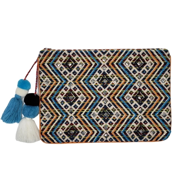 Steve Madden Handbags - Steve Madden | Bohemian Blue Orange Embroidered Fringe Geometric Clutch Women's
